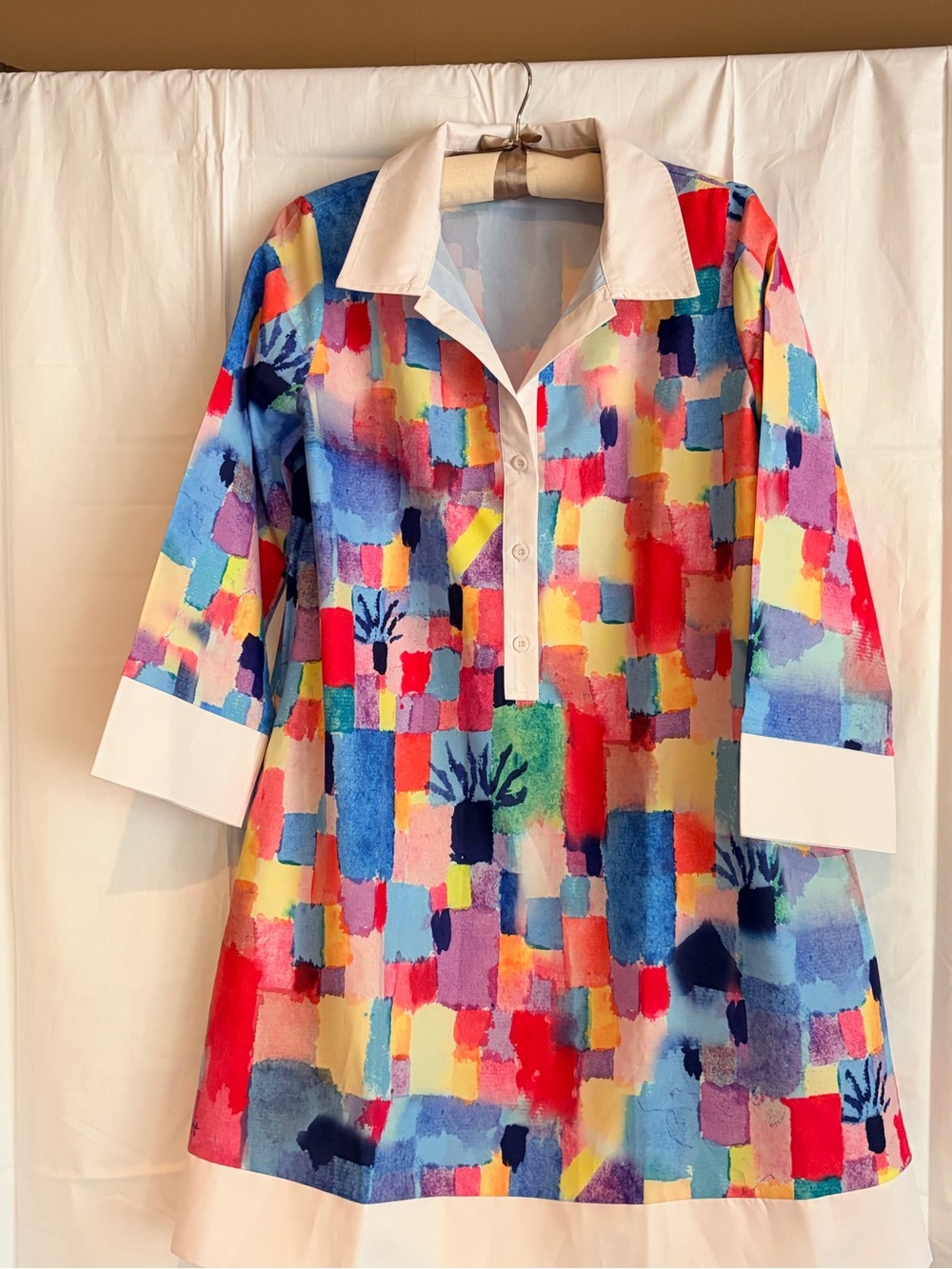 Multicolor Abstract Patchwork Mini Dress with White Collar